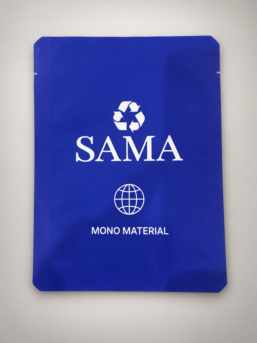 Blue SAMA mono-material pouch showing saturated color depth