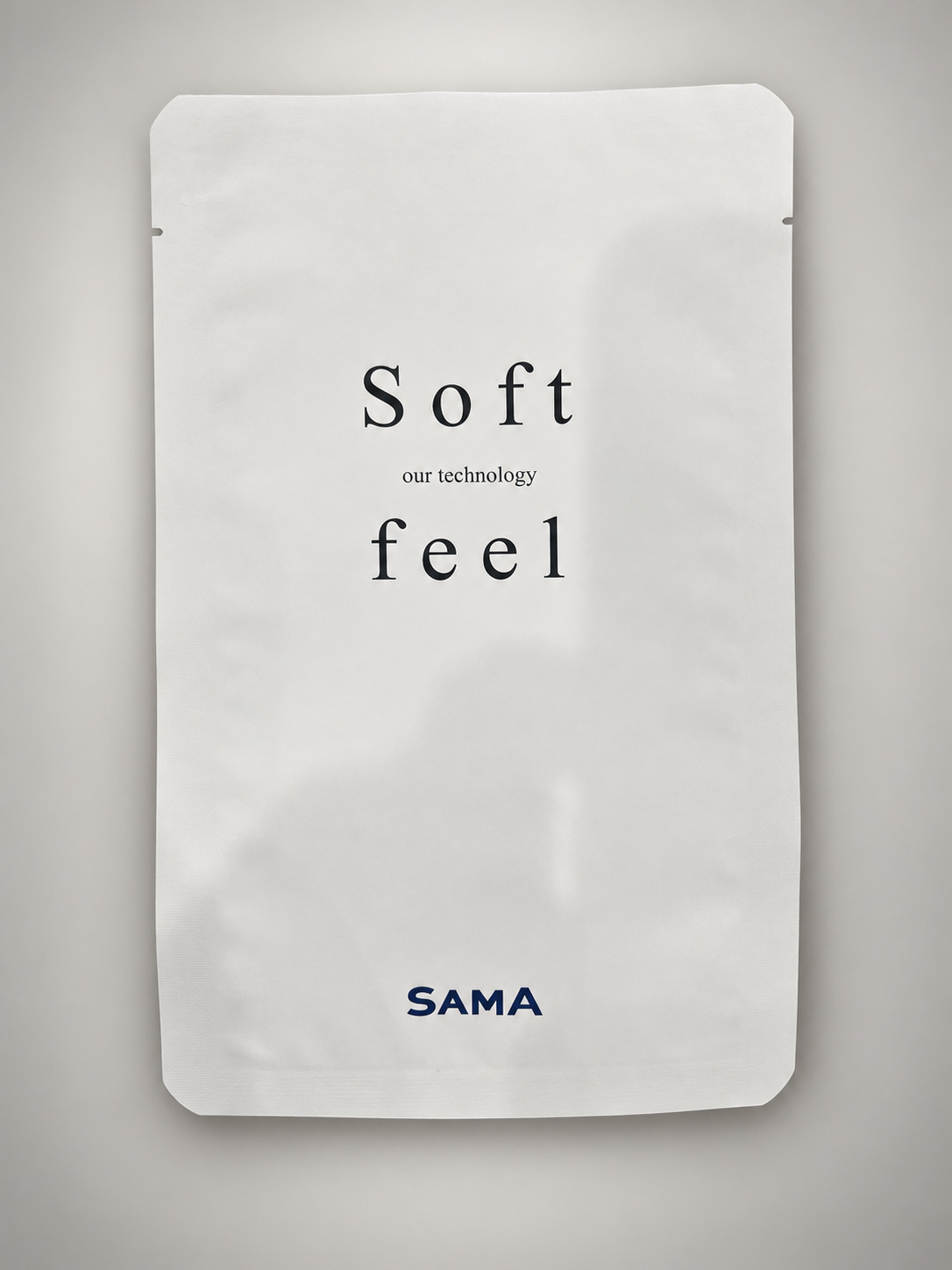 White SAMA soft-feel pouch with a soft-touch finish