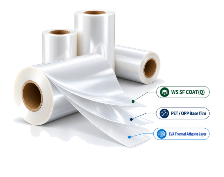 VeluTouch film construction showing WS SF COAT(Q), PET / OPP base film, and EVA thermal adhesive layer